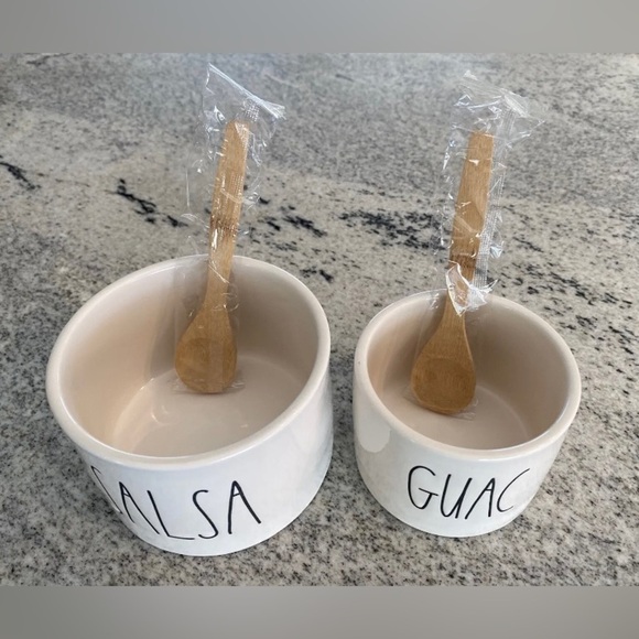 NEW Rae Dunn Salsa & Guac Dip Ceramic Serving Bowls with Wooden Spoons. - Picture 5 of 10